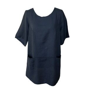 SAGA Italy Women Black Sustainable Linen Tunic Top Short Sleeve Pocket Shift NEW